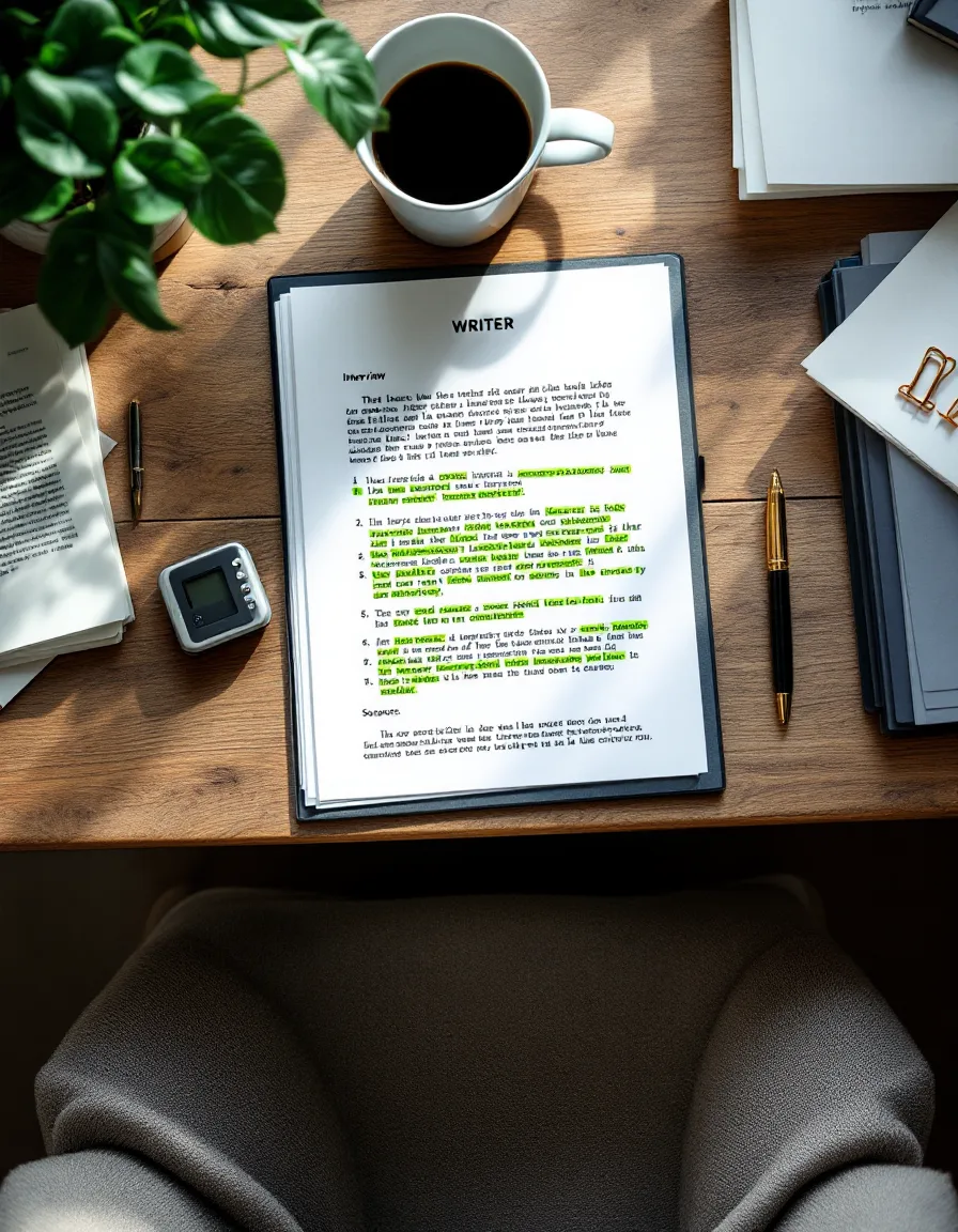 A writer’s desk with a marked-up interview transcript, a voice recorder and a green editing pen
