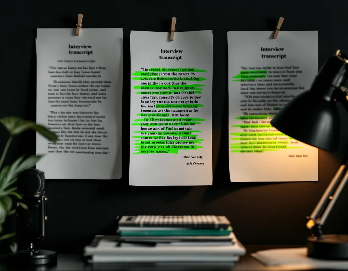 Interview transcript pages pinned to a wall with the quotable passages underlined in green