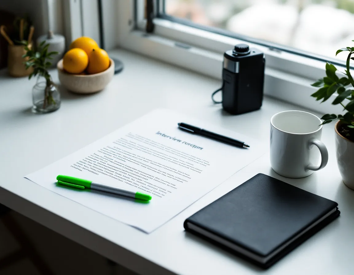 A desk by a window with a marked-up interview transcript, a green pen and a voice recorder